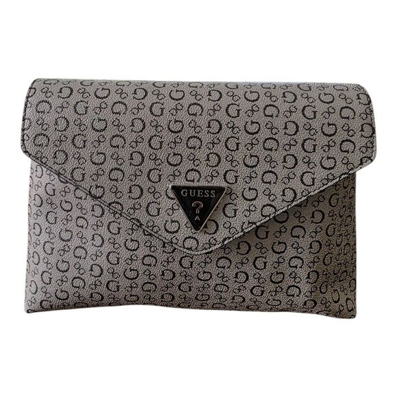 GUESS Clutch Bag Gray Black Logo Print Envelope Purse Women’s Handbag - Picture 3 of 14